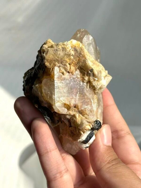 Himalayan Crystal Intergrown with Black Tourmaline & Albite - Medium Handheld Size  15G