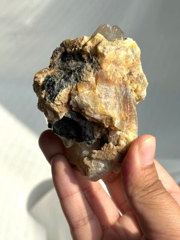 Himalayan Crystal Intergrown with Black Tourmaline & Albite - Medium Handheld Size  15G