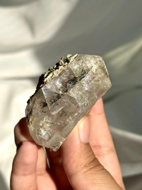 Himalayan Crystal: Black Silver Titanium Inclusions with Calcite Symbiosis 13C