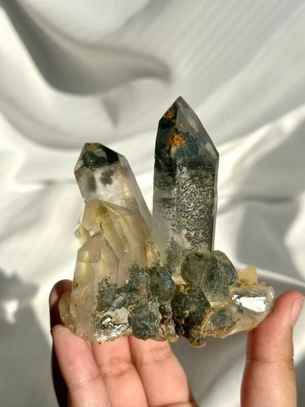 Himalayan Crystal Cluster: Polycrystalline with Green Phantom Inclusions, Limonite Symbiosis & Epitaxial Base  13B