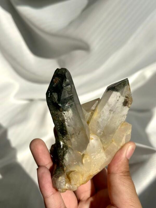 Himalayan Crystal Cluster: Polycrystalline with Green Phantom Inclusions, Limonite Symbiosis & Epitaxial Base  13B