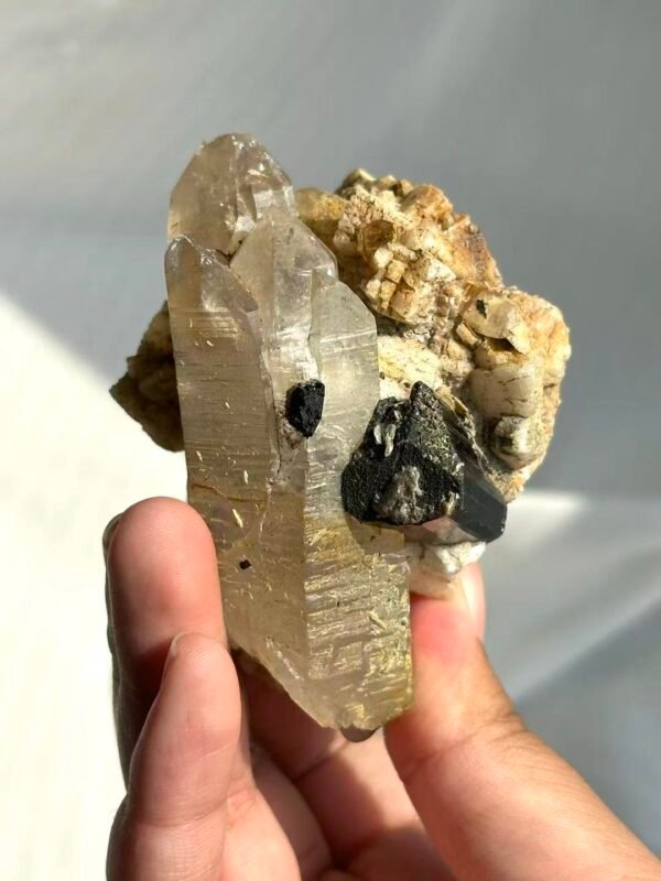 Himalayan Crystal Intergrown with Black Tourmaline & Albite - Medium Handheld Size  15G