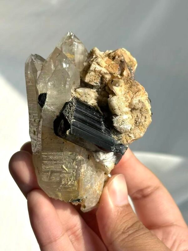 Himalayan Crystal Intergrown with Black Tourmaline & Albite - Medium Handheld Size  15G