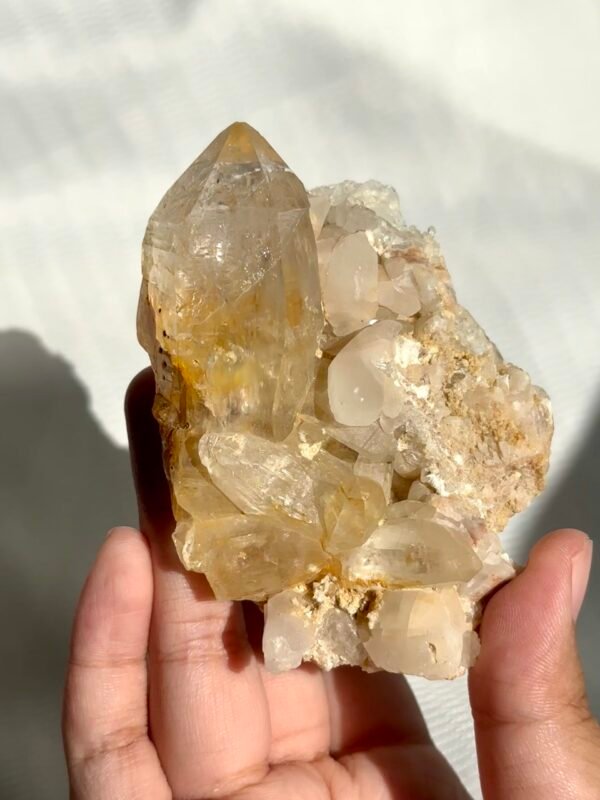 Himalayan Crystal Cluster with Yellow Gel Flower Inclusions and Symbiotic Jelly-like Calcite 11H