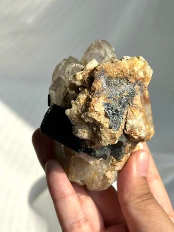 Himalayan Crystal Intergrown with Black Tourmaline & Albite - Medium Handheld Size  15G