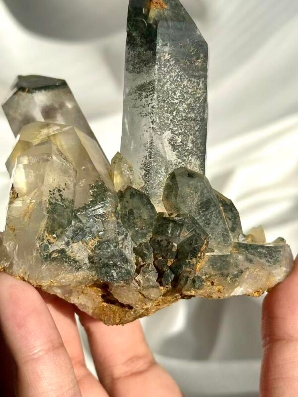 Himalayan Crystal Cluster: Polycrystalline with Green Phantom Inclusions, Limonite Symbiosis & Epitaxial Base  13B