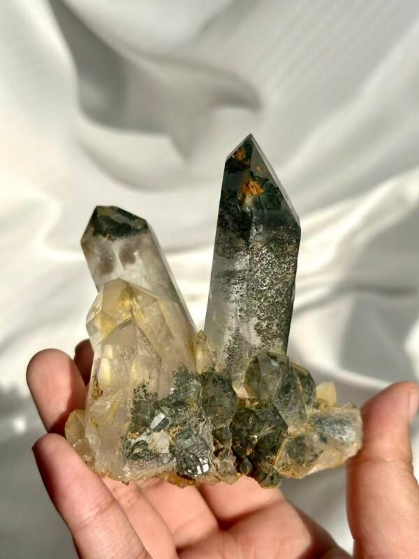 Himalayan Crystal Cluster: Polycrystalline with Green Phantom Inclusions, Limonite Symbiosis & Epitaxial Base  13B