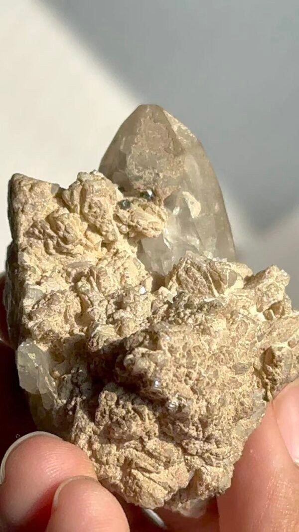 Intergrown Himalayan Crystal with Platinum-White Calcite, Fine Sparkling Mica & Small Green Ore  15F