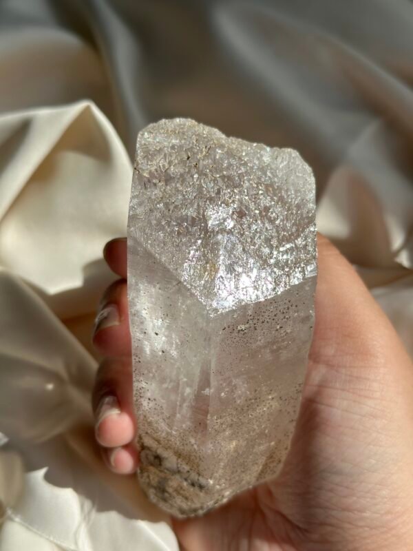 A04  Pakistan Himalayan Quartz Big Palm Stone | Dreamy Ice Flakes & Rainbow Inclusions